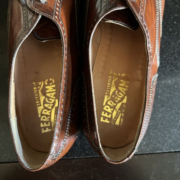 SALVATORE FERRAGAMO Men's Wingtip Oxford Leather Shoes 11 B Cognac Brown Italy - Picture 13 of 16